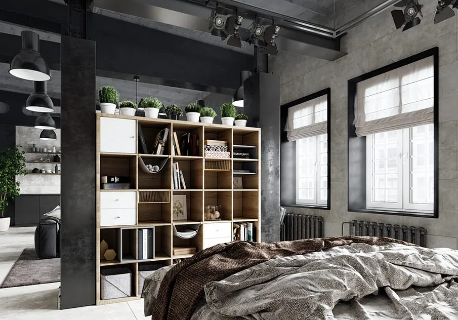 Industrial interior style with wood and concrete