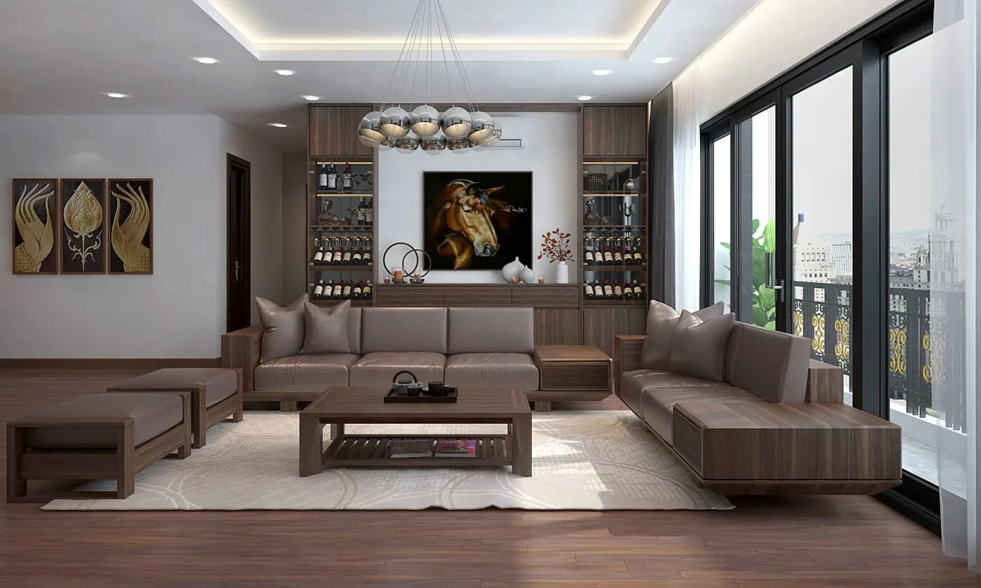 An interior using exposed concrete and natural stone